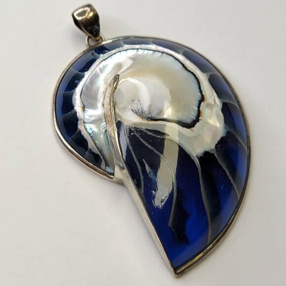 Nautilus Shell Pendant with 925 Sterling Silver Blue Shell Pendant - Picture 1 of 16